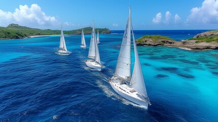Aerial view of stunning sailboats sailing in perfect formation on a clear blue sea