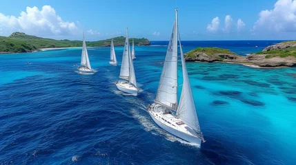 Zelfklevend Fotobehang Aerial view of stunning sailboats sailing in perfect formation on a clear blue sea © Viktoria