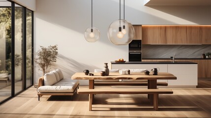 A minimalist kitchen with a white sofa, a wood dining table, a black chair, and a pendant light...