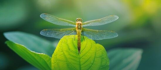 An electric blue dragonfly perches gracefully on a green leaf, highlighting the symmetry between the insect and the terrestrial plant.