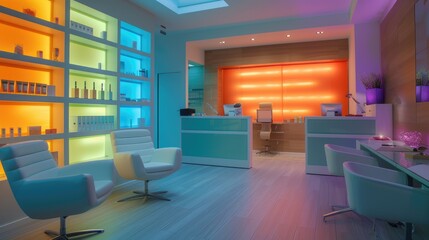 The waiting area of a color therapy clinic presents a modern design with comfortable seating and a vibrant, color-blocked feature wall..