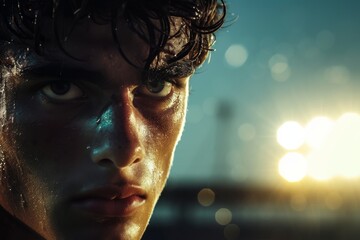 A rugged man's face shines in the warm sun, revealing a depth of character and strength in his outdoor portrait