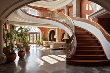 entrance area of traditional style home with angled stairs - obrazy, fototapety, plakaty