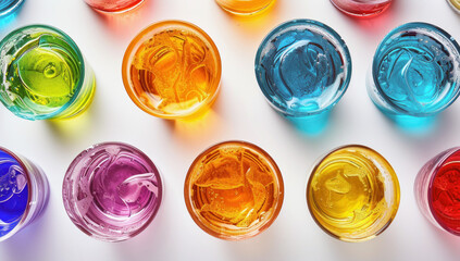 Coloured glasses with different cultured liquids - obrazy, fototapety, plakaty