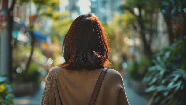 Back View Of Young Asian Woman Walking In The City Street.