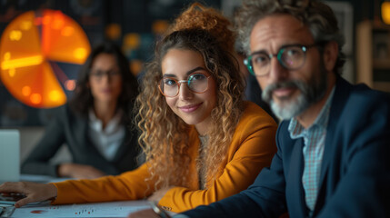 Obraz premium Business team working on a project in the office behind a table or reviewing and discussing a business project. IT workers in the office