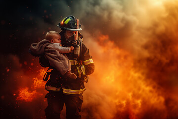 Fototapeta premium Firefighter's Brave Rescue, Carrying a Child to Safety Through Flames