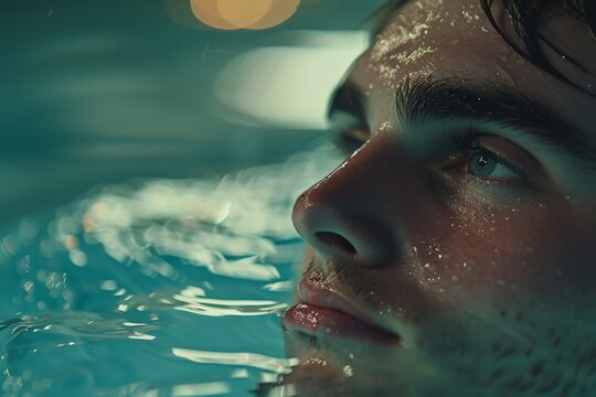 A solitary figure immersed in the tranquil waters of a swimming pool, his face reflecting both determination and calmness as he swims towards his goals
