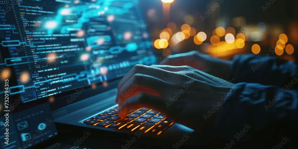 Poster a person is typing on a computer keyboard. background is blurred with coloured lights