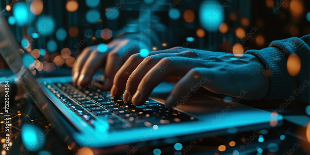 Wall mural a person is typing on a computer keyboard. background is blurred with coloured lights