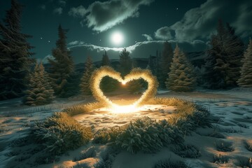 A luminous heart in the center of a snowy, circular clearing, surrounded by a ring of evergreen trees under a full moon. - Powered by Adobe