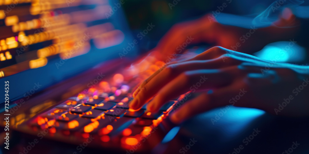 Wall mural A person is typing on a computer keyboard. Background is blurred with coloured lights