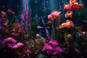 Obraz na płótnie Canvas A vibrant coral reef provides a tranquil home for a colorful fish, surrounded by lush aquatic plants and illuminated by soft aquarium lighting