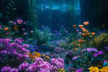 Fototapeta na wymiar Immerse yourself in the vibrant beauty of an underwater garden, where a delicate flower blooms among the diverse marine organisms and tranquil blue waters of the aquarium