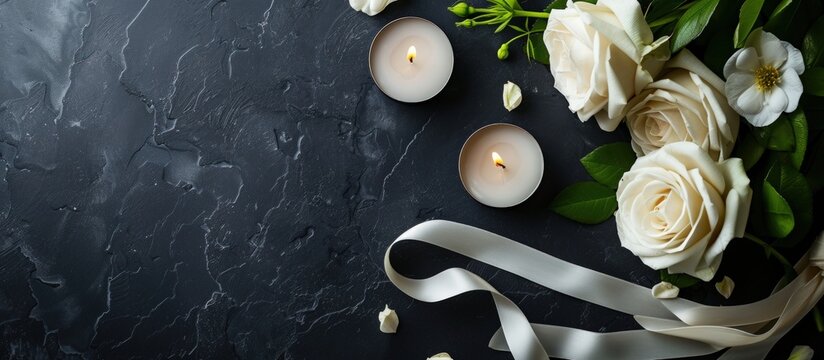 Funeral decoration with white rose, candles and frame on a dark background. AI generated image