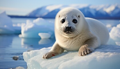 Cute young baikal seal on ice, unique earless seal from lake baikal in siberia, russia. - obrazy, fototapety, plakaty