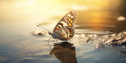 Fototapeta na wymiar A butterfly is sitting on the water surface