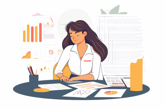 Businesswoman Accountant Calculating Taxes, Managing Financial Documents, Analyzing Office Financial Charts and Graphs, Audit and Money Report Concept, Working in the Office