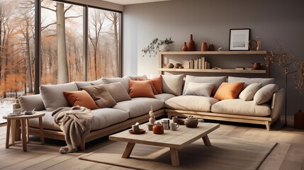 A Scandinavian living room with a sectional sofa, a coffee table, a floor lamp, and a hygge vibe