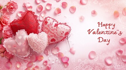 A romantic and delicate display of love, as hearts and petals come together on a pink surface to celebrate valentine's day with the sweetest of words