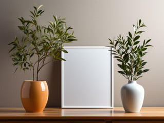 A picture frame resting against a white wall next to a plant, casual hippie feeling
