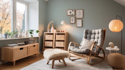 A Scandinavian nursery with a crib, a rocking chair, a canopy, and a neutral color palette with...