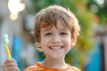 Portrait of charming cheerful small boy toothy smile hand hold toothbrush - obrazy, fototapety, plakaty
