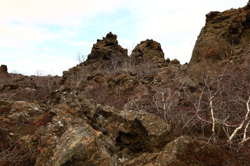 Dimmuborgir is a large area of unusually shaped lava fields east of Mývatn in Iceland