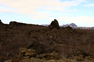 Dimmuborgir is a large area of unusually shaped lava fields east of Mývatn in Iceland