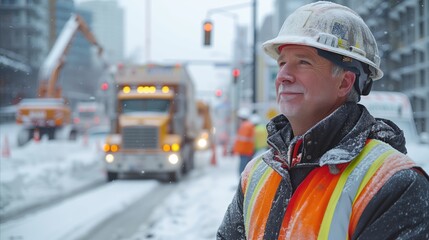 Man in Hard Hat Standing in Snow