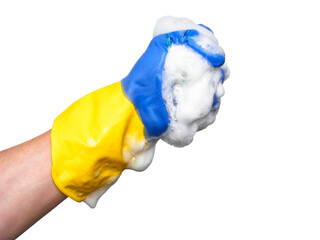 hand in a rubber glove squeezes out the foam and soap. Isolated on white background. - obrazy, fototapety, plakaty