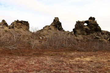 Dimmuborgir is a large area of unusually shaped lava fields east of Mývatn in Iceland