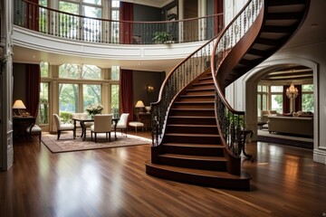 entrance area of traditional style home with angled stairs - obrazy, fototapety, plakaty