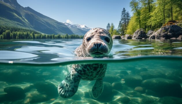 Young baikal seal, endemic species of earless seal on ice of lake baikal, siberia, russia