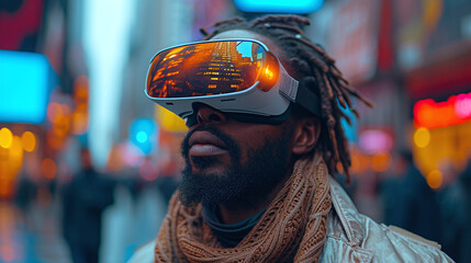 A man walks in the city wearing virtual reality glasses