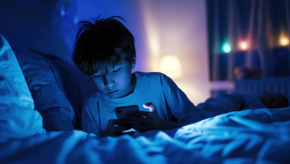 Fototapeta premium A child lying in bed illuminated by the light from a smartphone