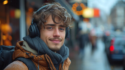 A man wearing headphones walks around the city