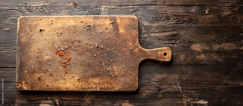 Wall mural top view of a wooden table with an aged cutting board and crumbs