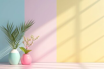 Bold minimalism interior. Minimalistic interior in a three-color solution in candy pastel colors of...