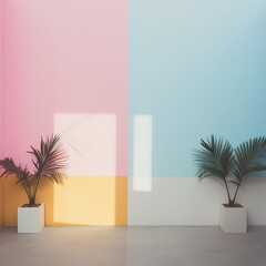 Bold minimalism interior. Minimalistic interior in a three-color solution in candy pastel colors of pink, yellow and blue with fern, palm. Free empty wall background for design in retro style