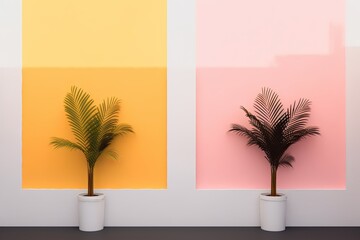 Bold minimalism interior. Minimalistic interior in a three-color solution in candy pastel colors of pink, yellow and grey with fern, palm. Free empty wall background for design in retro style