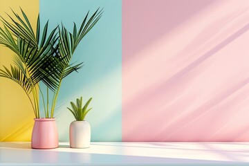Bold minimalism interior. Minimalistic interior in a three-color solution in candy pastel colors of pink, yellow and blue with fern, palm. Free empty wall background for design in retro style - 732097584