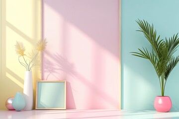 Bold minimalism interior. Minimalistic interior with frame in a three-color solution in candy pastel colors of pink, yellow and blue with fern, palm. Free empty background for design in retro style