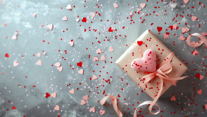 Gift box with pink ribbon on the surface with scattered confetti for valentine's day