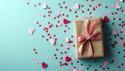 Obraz na płótnie Canvas Gift box with pink ribbon on the surface with scattered confetti for valentine's day