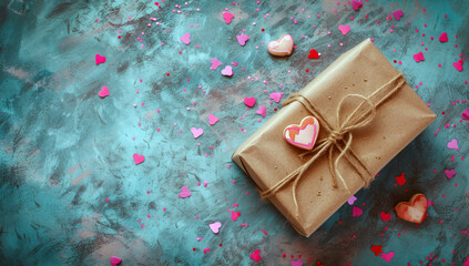 Gift box with pink ribbon on the surface with scattered confetti for valentine's day
