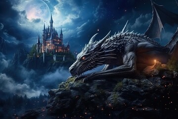 fantasy illustration of a fairytale dragon against the background of a castle at night - obrazy, fototapety, plakaty