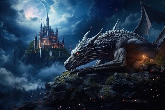 fantasy illustration of a fairytale dragon against the background of a castle at night