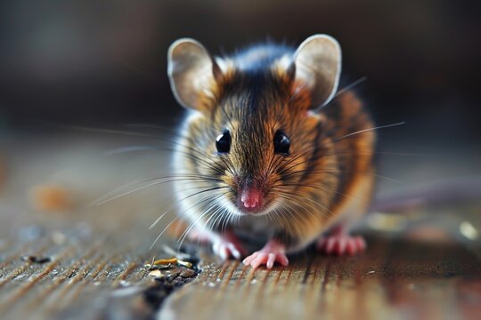 tiny house mouse on wooden floor closeup