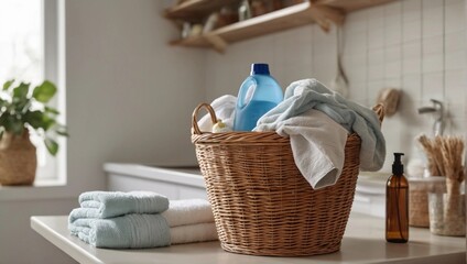 A wicker laundry basket filled with folded towels and bottles of detergent is placed on a table in a bright laundry room. - obrazy, fototapety, plakaty